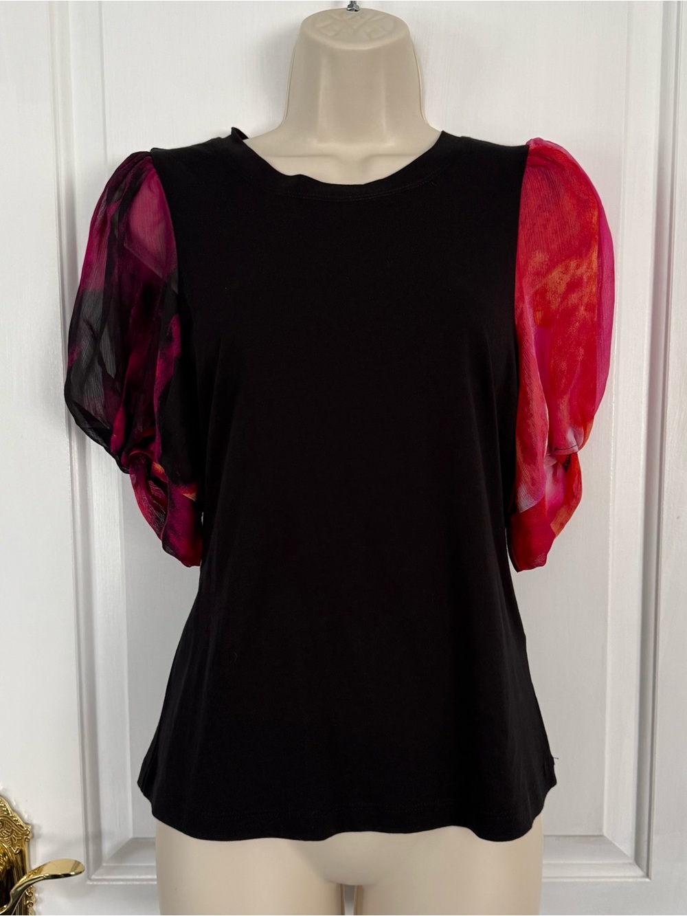 DKNY Mixed Media Puff Sleeve Black Top S Dramatic Dark Coquette Alt Retro Vibe